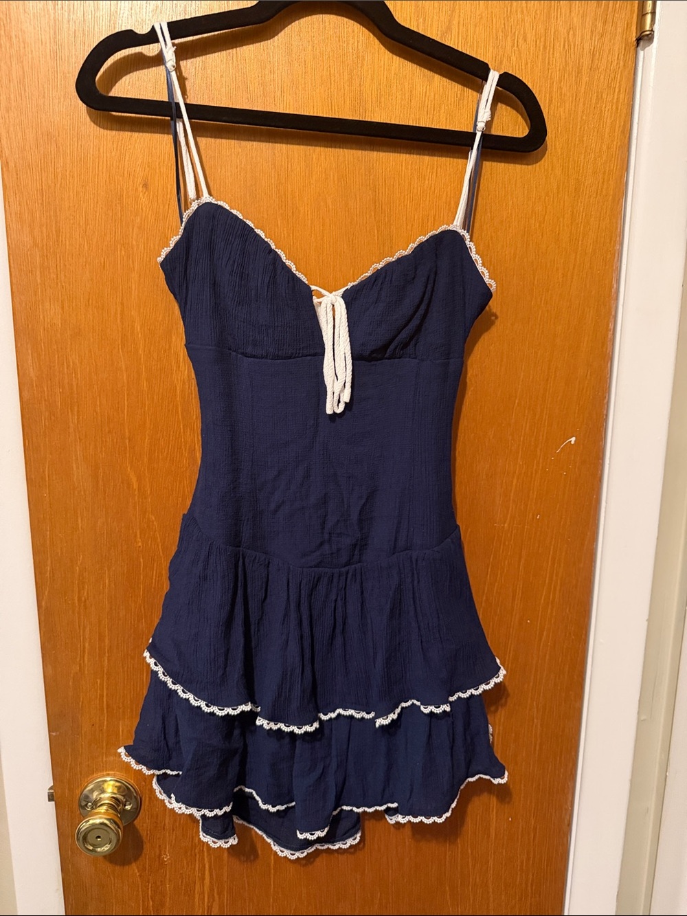 Cotton Candy Navy Blue Spaghetti Strap Ruffle Slip Dress with White Trim